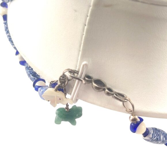 Handcrafted Blue & White Beaded Necklace With Jade Elephant Charm - Picture 8 of 11